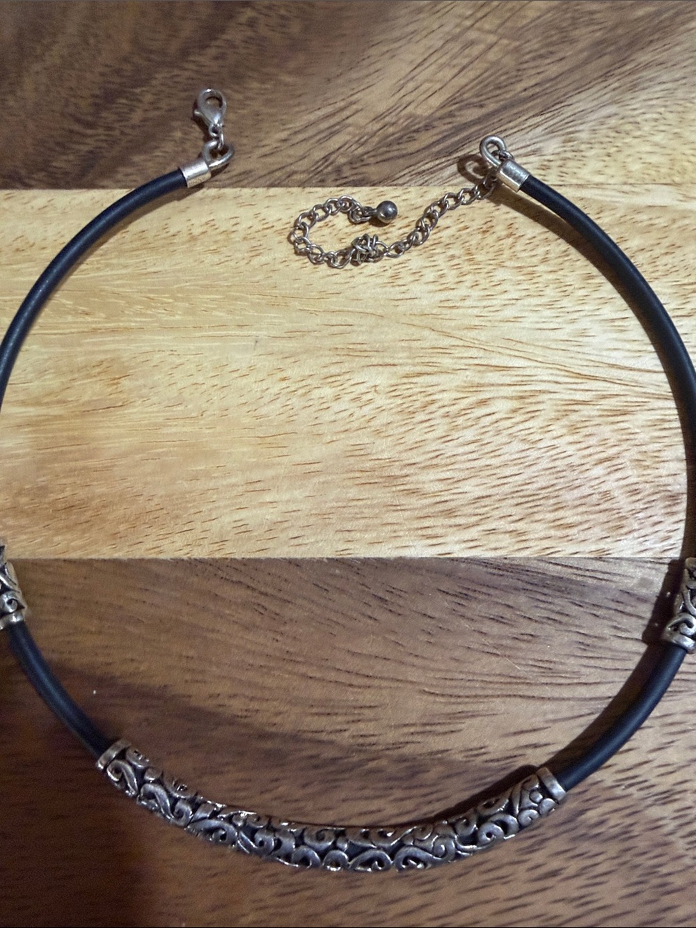 Source Unknown Black Necklace with Silver Filigree Tubing